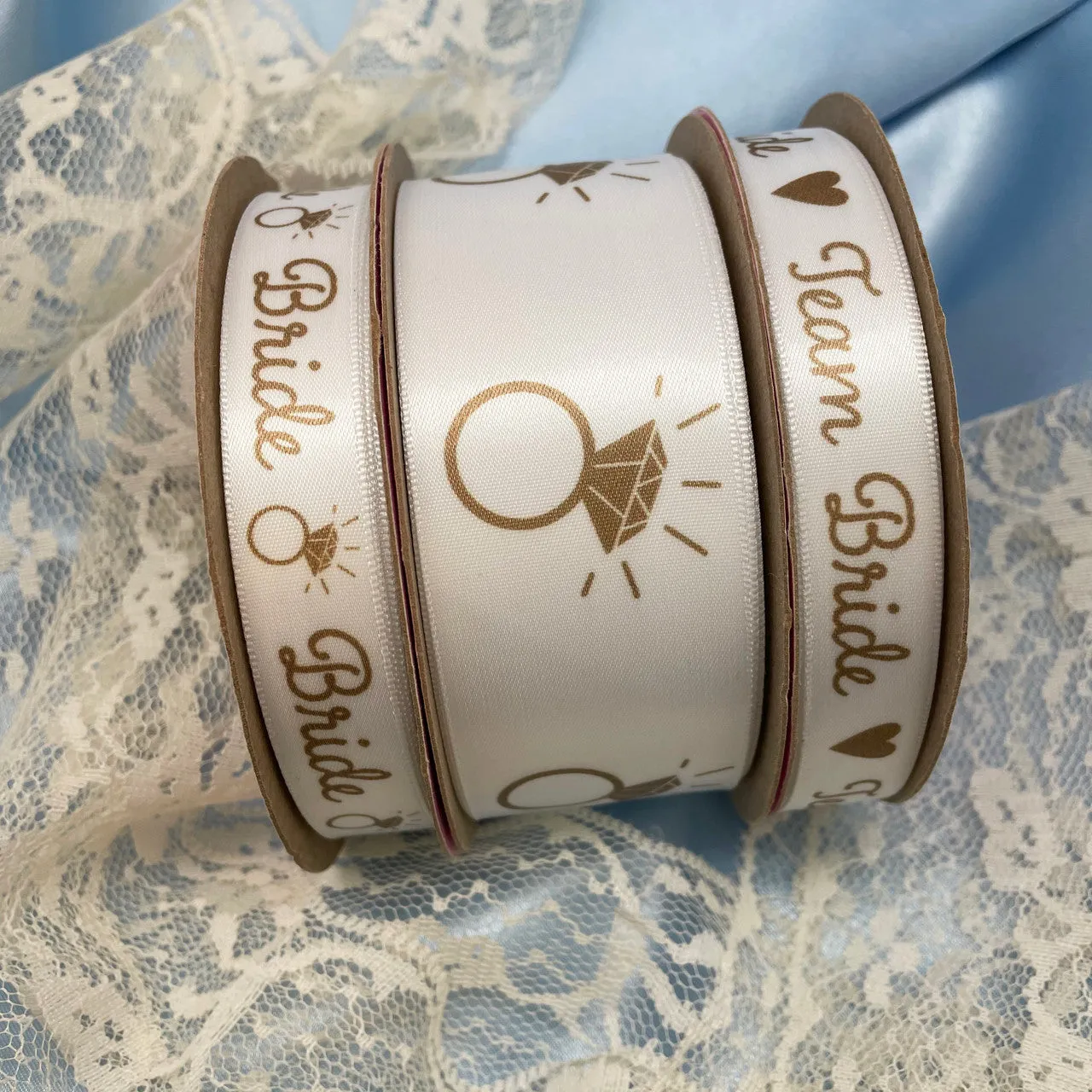 Bridal ribbon Team Bride for bridesmaids gold ink printed on 5/8" white satin