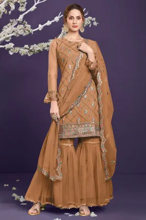 Butterfly Net Tawny Brown Premium Embroidered Gharara Suit