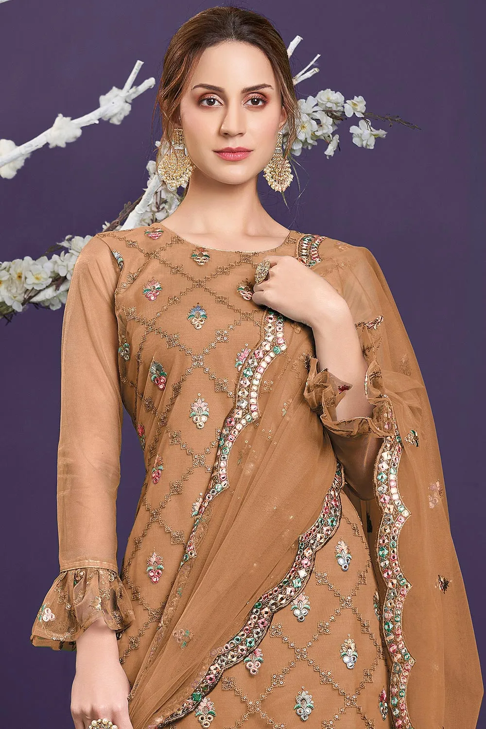 Butterfly Net Tawny Brown Premium Embroidered Gharara Suit