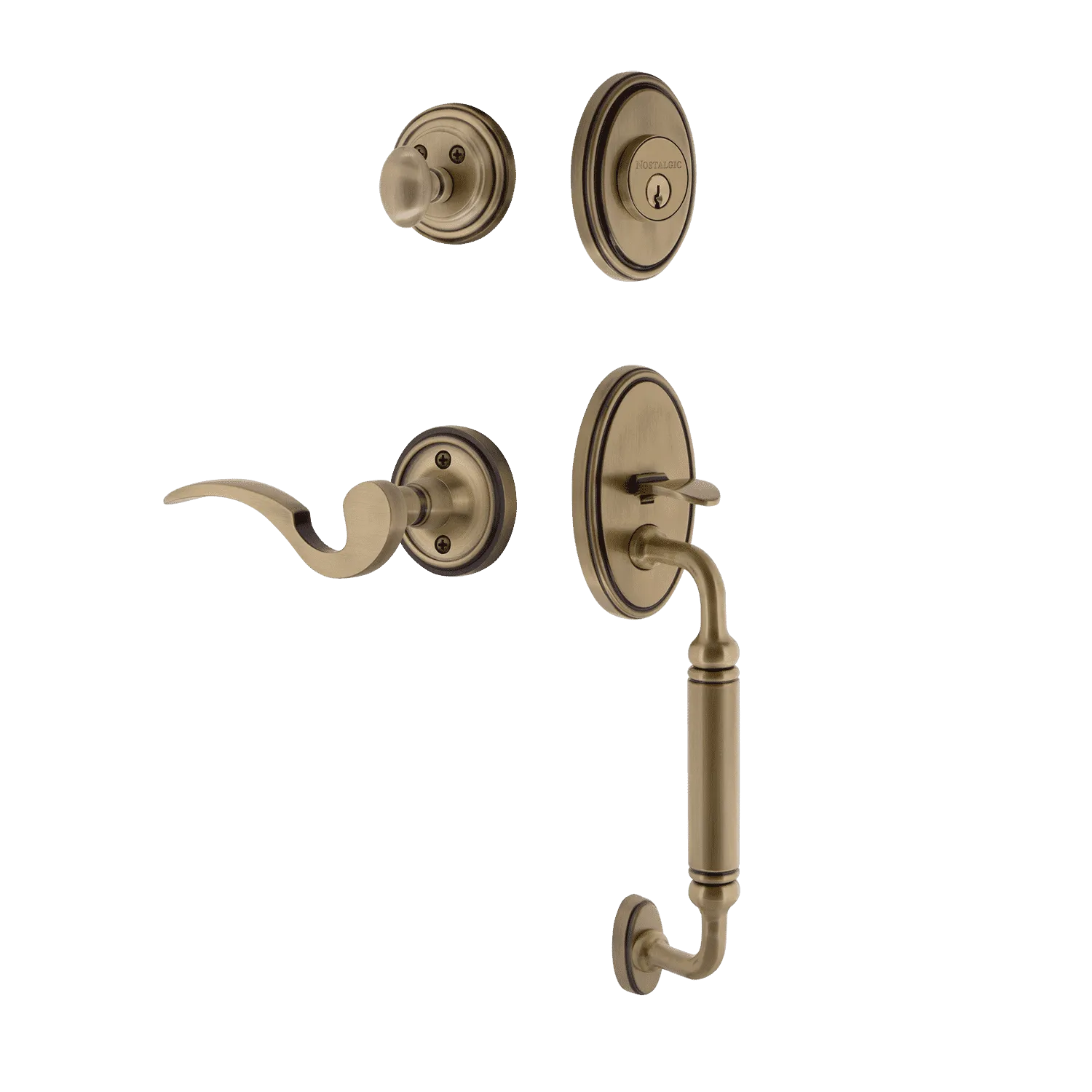 Classic Handleset with C-Grip and Classic Rosette with Manor Lever in Antique Brass