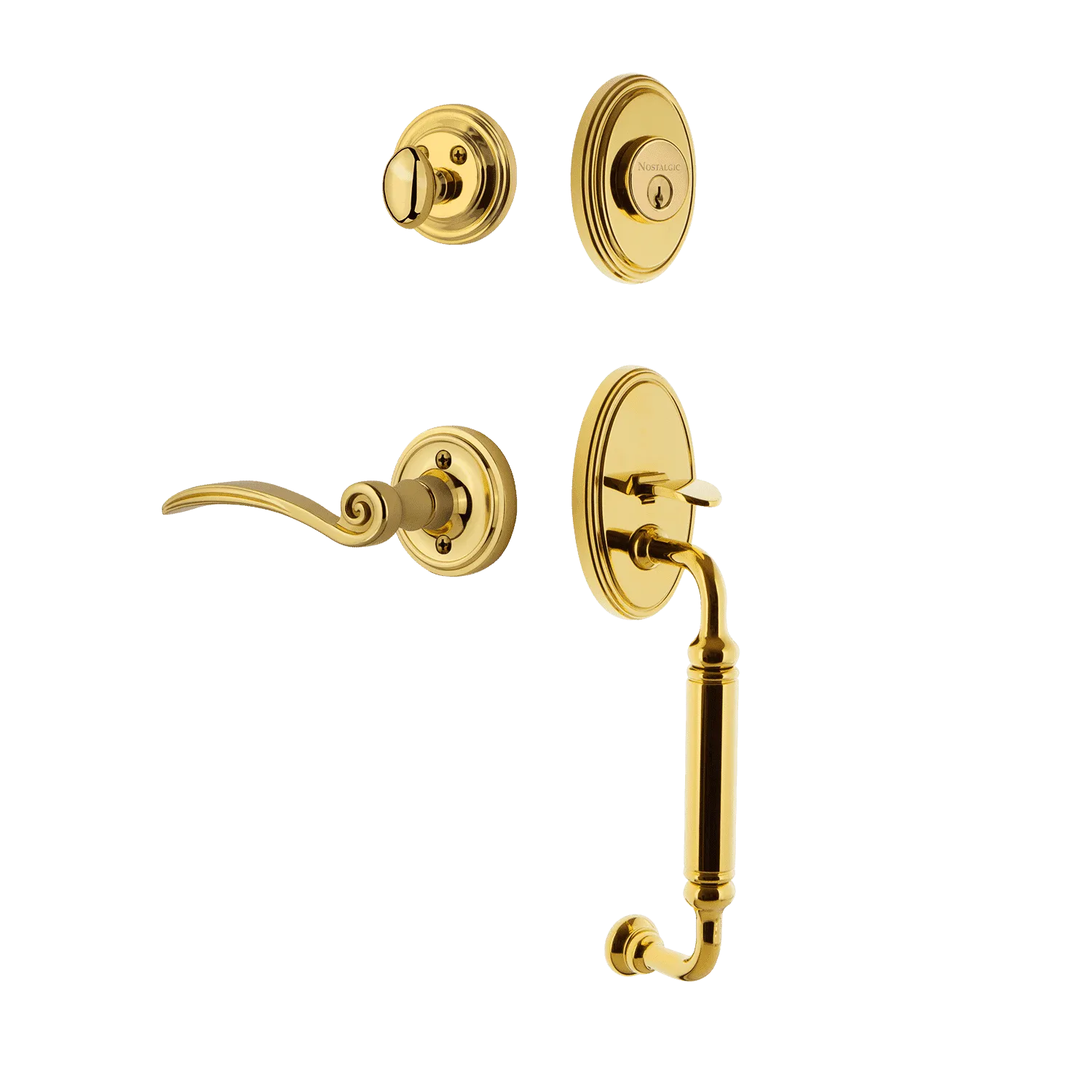 Classic Handleset with C-Grip and Classic Rosette with Swan Lever in Polished Brass