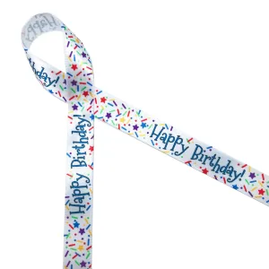 Happy Birthday Ribbon with Sprinkles on White 5/8" Single Face Satin Ribbon