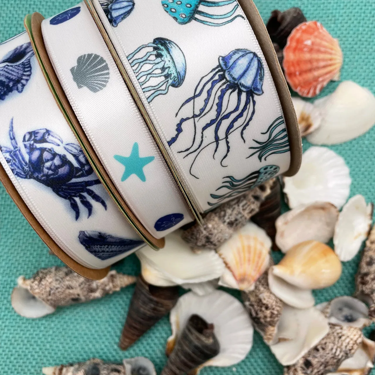 Jellyfish ribbon in shades of blue printed on 1.5" white satin