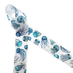 Jellyfish ribbon in shades of blue printed on 1.5" white satin
