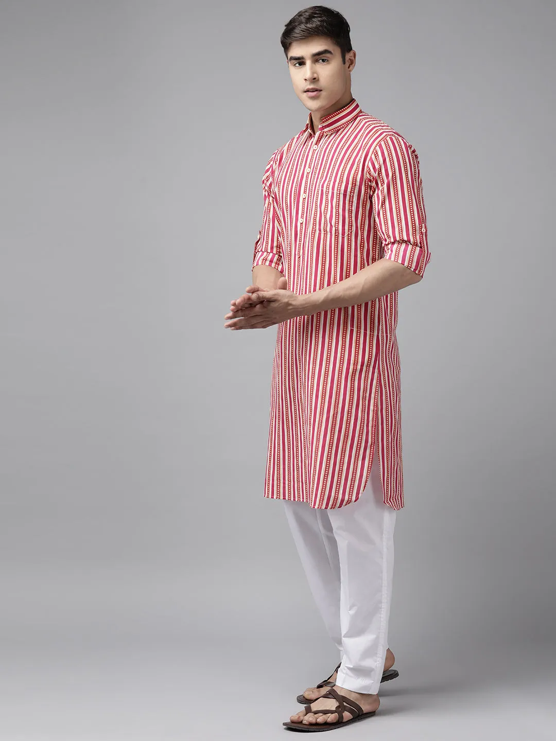 Men Fuchsia Pink Regular Pure Cotton Pathani Kurta