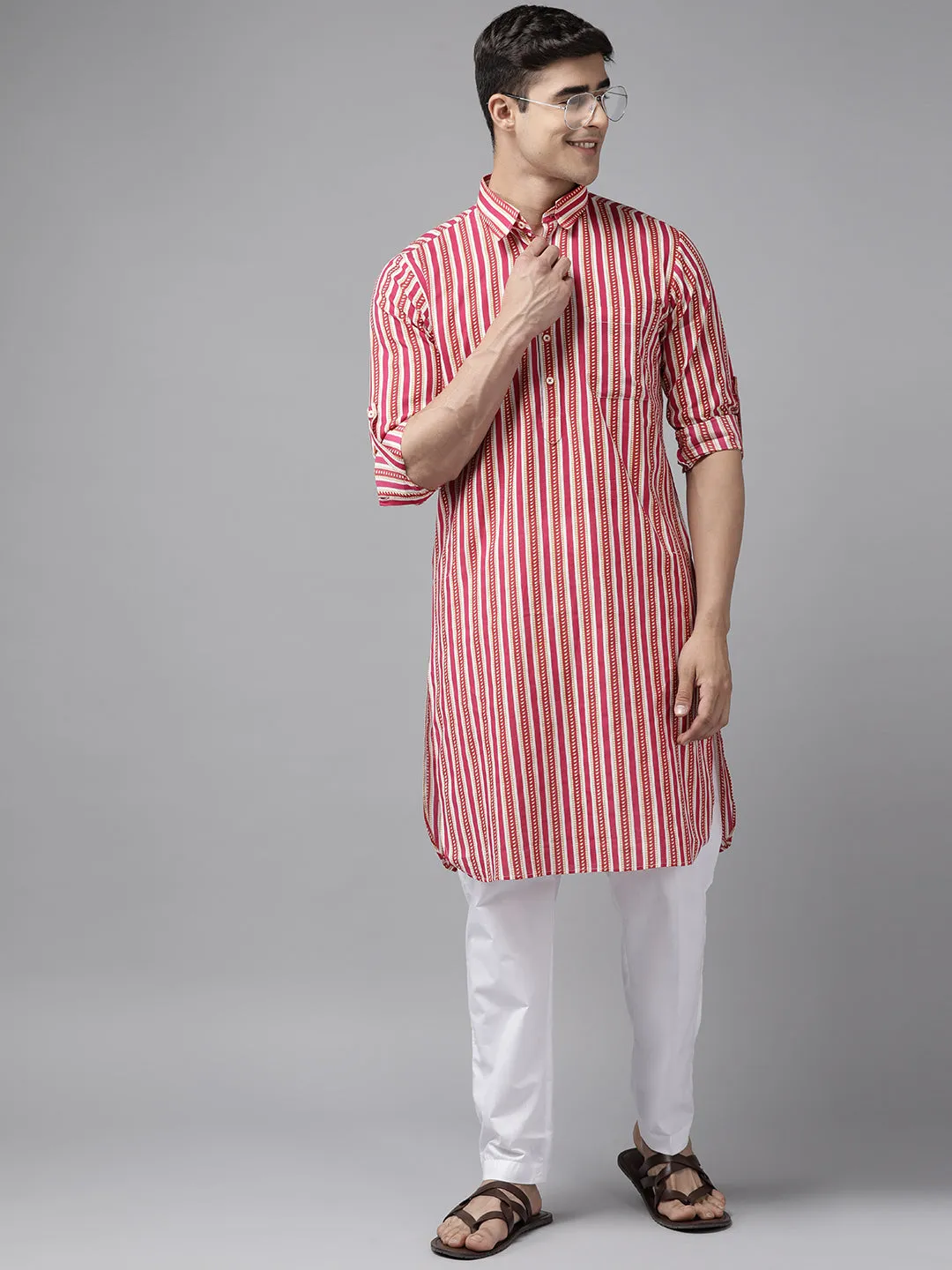 Men Fuchsia Pink Regular Pure Cotton Pathani Kurta