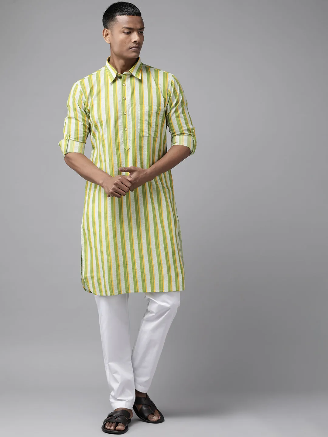 Men Lime Green Regular Pure Cotton Pathani Kurta