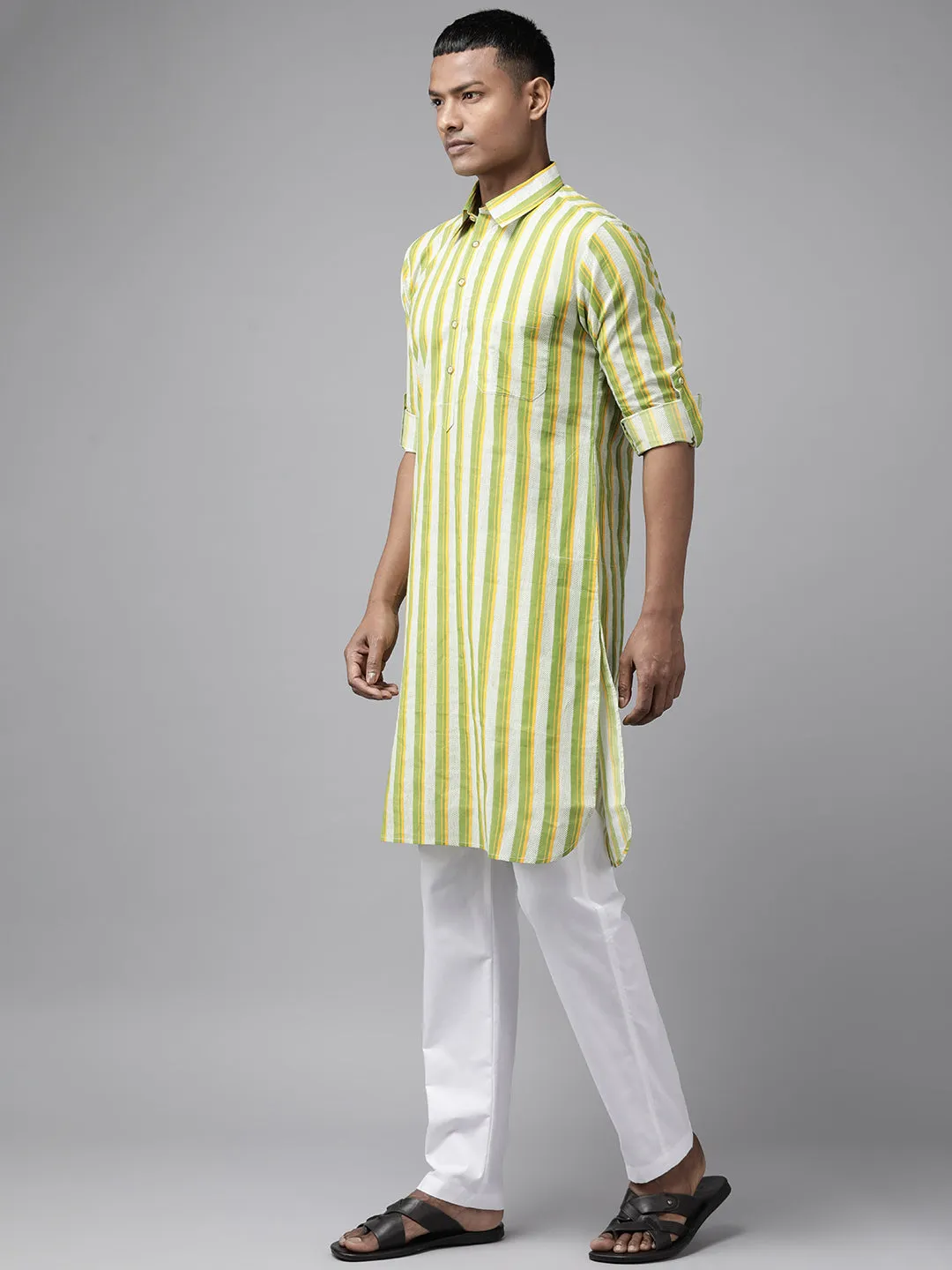 Men Lime Green Regular Pure Cotton Pathani Kurta