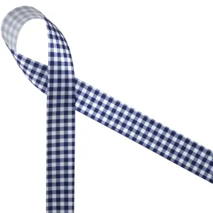 Navy Gingham check ribbon on 7/8" white single face satin