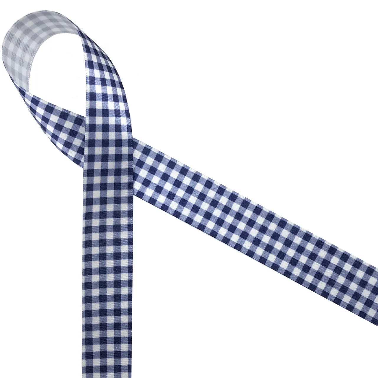 Navy Gingham check ribbon on 7/8" white single face satin
