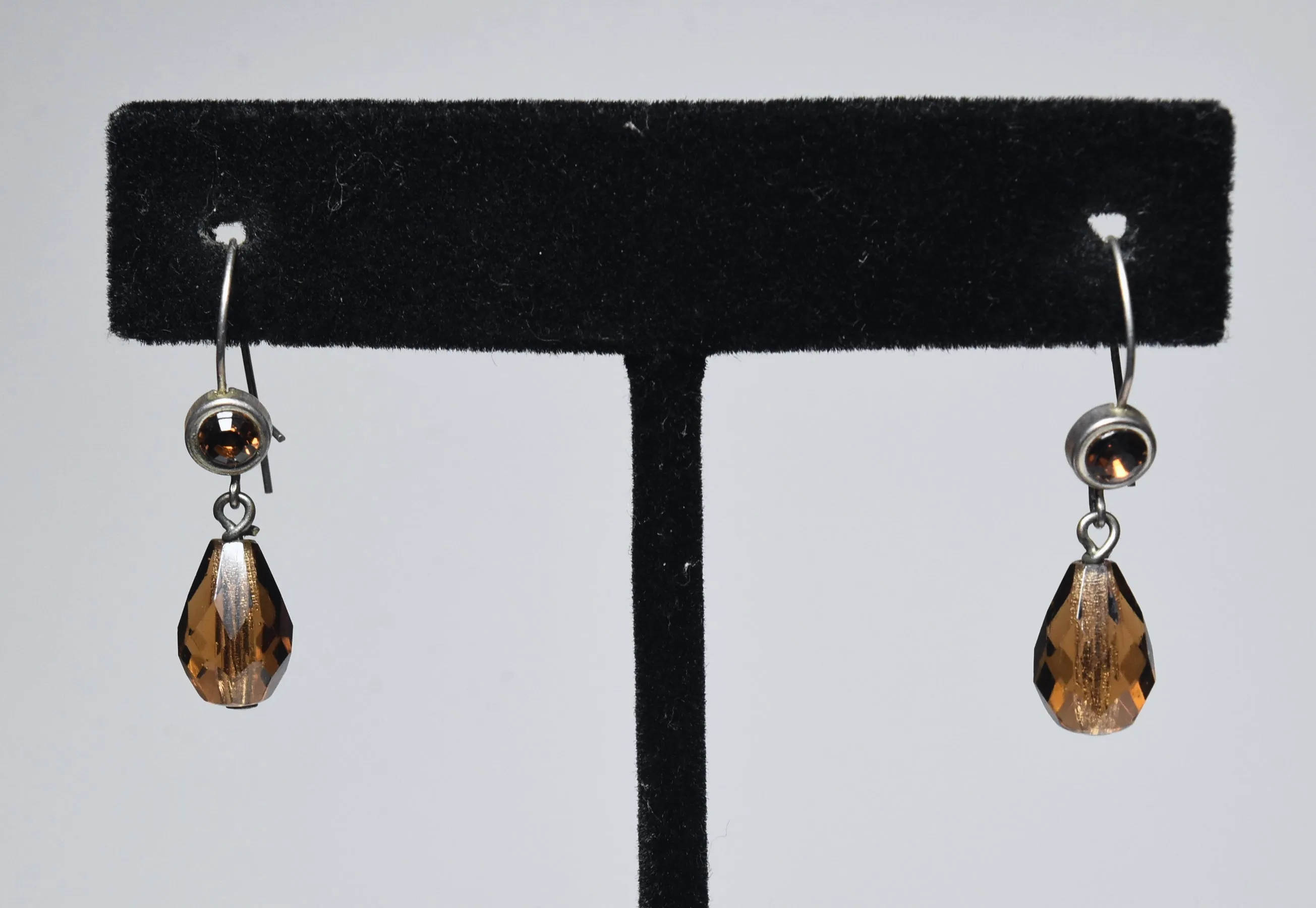 Pair of Faceted Brown Glass and Silver Tone Metal Earrings