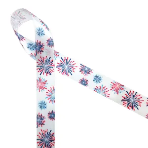 Patriotic ribbon with fireworks in red, white and blue  for 4th ofJuly  printed on 7/8" white satin