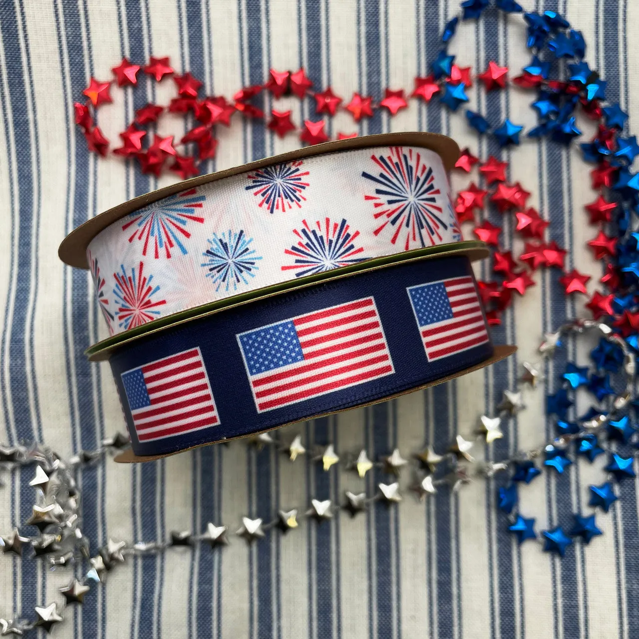 Patriotic ribbon with fireworks in red, white and blue  for 4th ofJuly  printed on 7/8" white satin