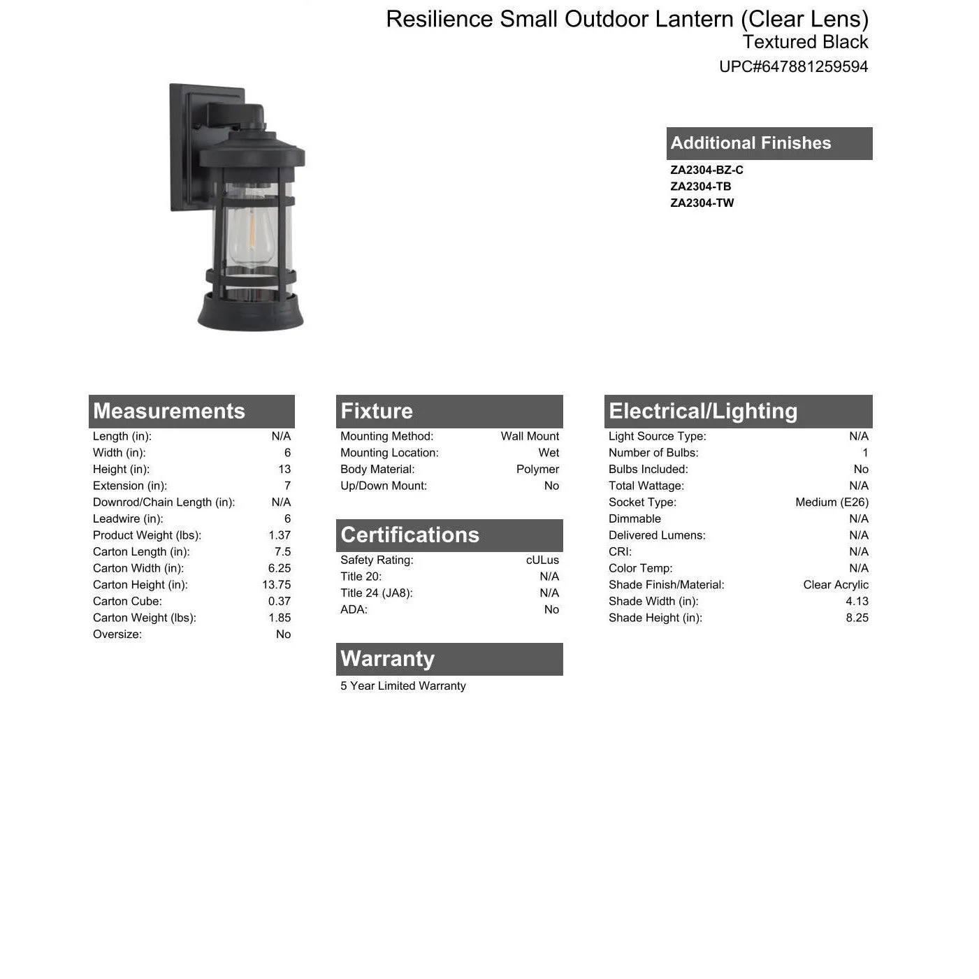 Resilience Small Outdoor Lantern in Textured Black, Clear Lens