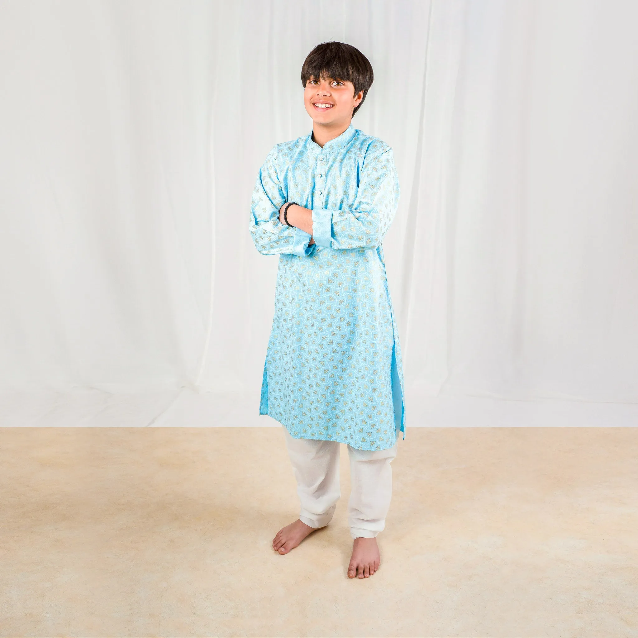 RISHI - Printed Baby Blue Cotton Kurta Pajama