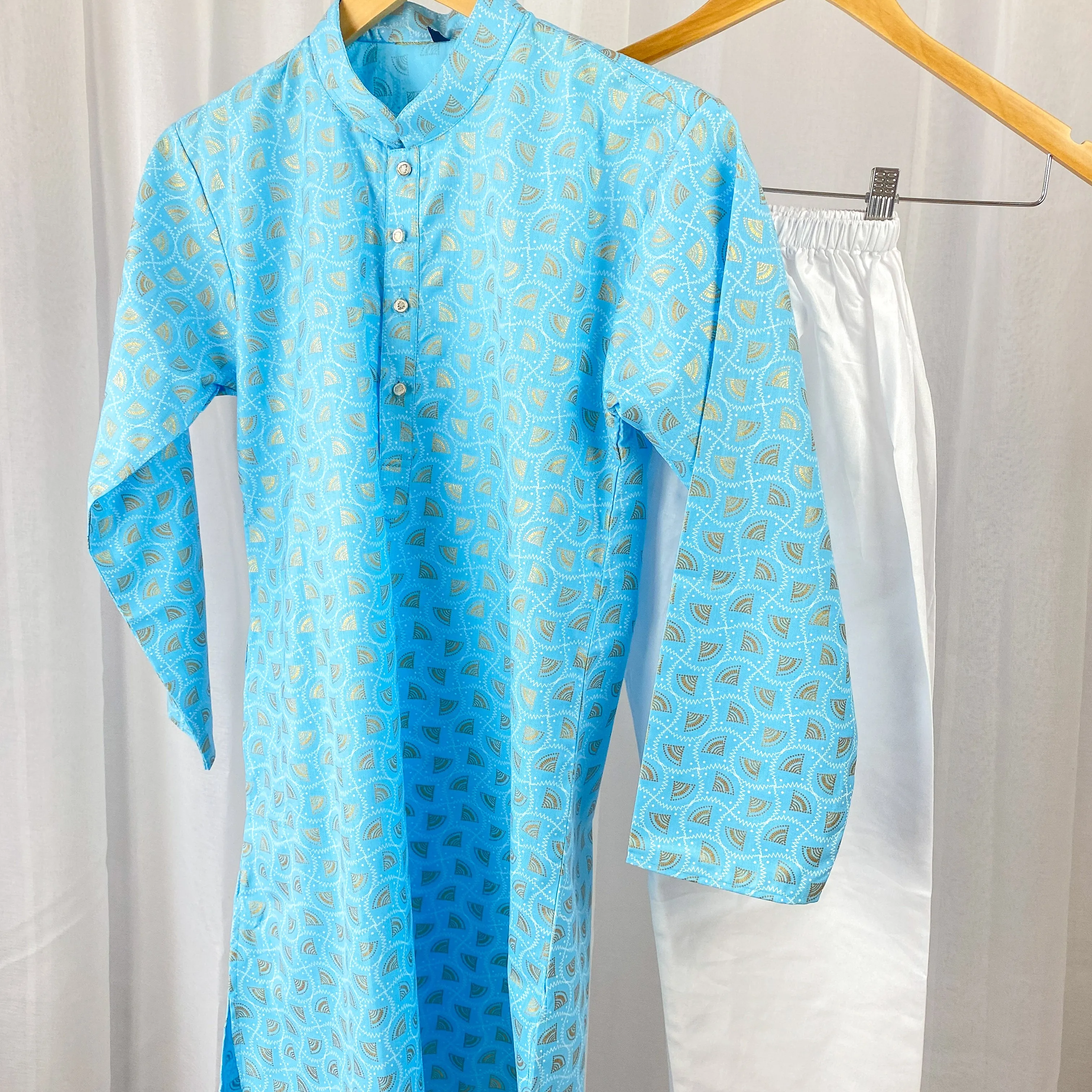 RISHI - Printed Baby Blue Cotton Kurta Pajama