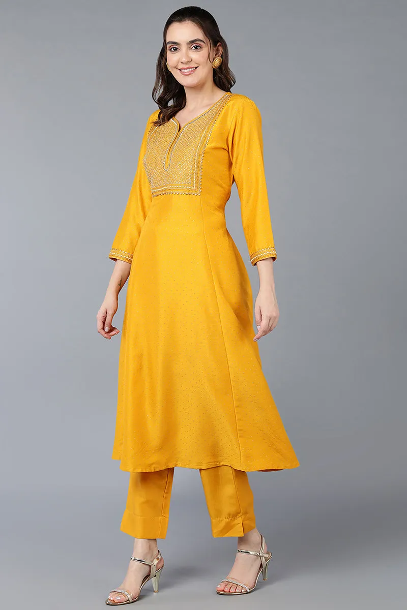 Silk Blend Yellow Embroidered Flared Kurta