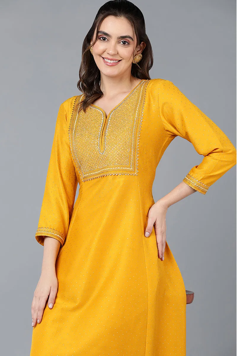 Silk Blend Yellow Embroidered Flared Kurta