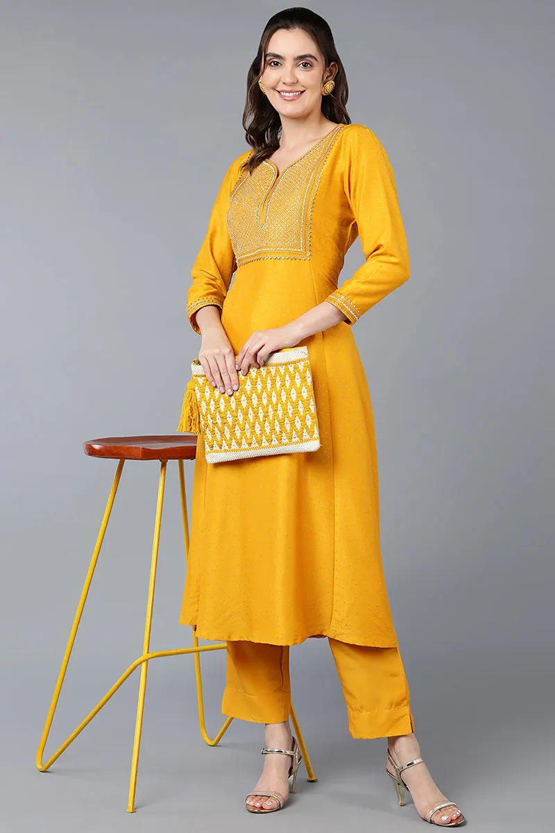 Silk Blend Yellow Embroidered Flared Kurta