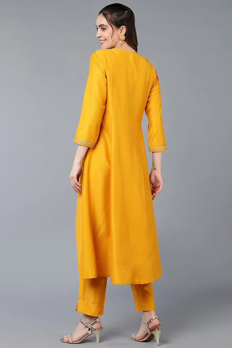 Silk Blend Yellow Embroidered Flared Kurta