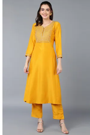 Silk Blend Yellow Embroidered Flared Kurta