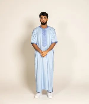 Sky Blue Premium Moroccan Half Sleeve Thobe Jubba with Neck Embroidery Size 58
