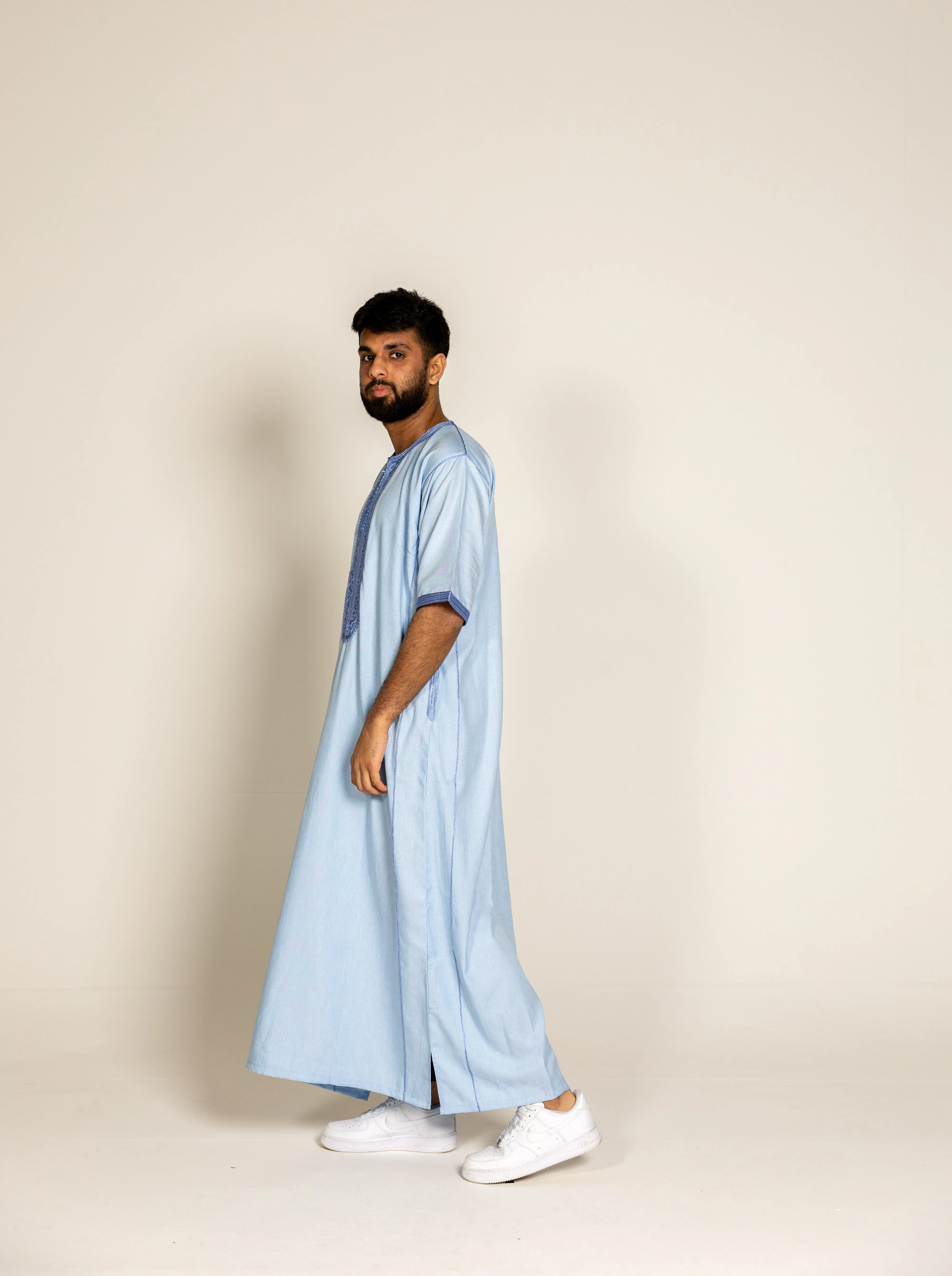 Sky Blue Premium Moroccan Half Sleeve Thobe Jubba with Neck Embroidery Size 58