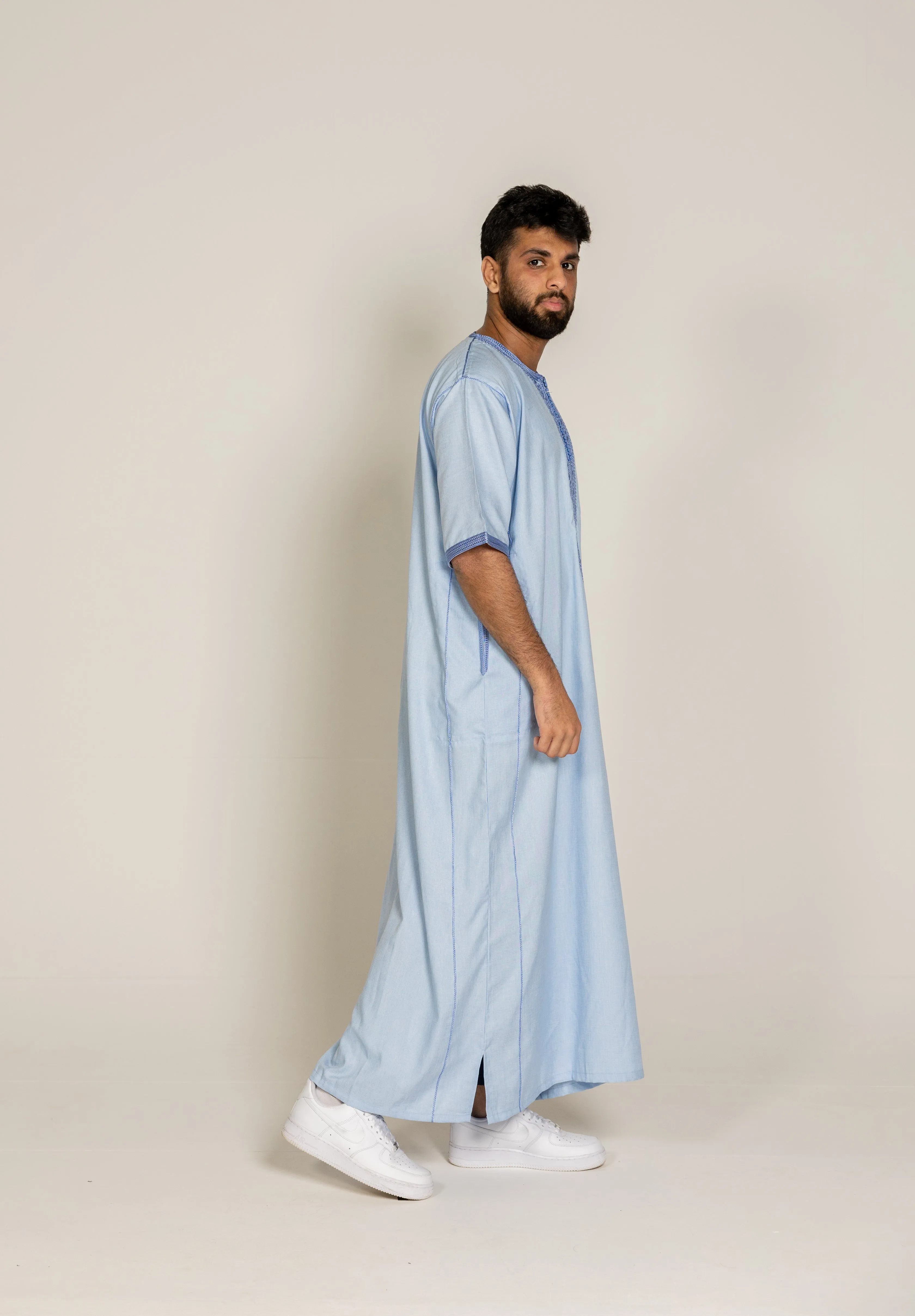 Sky Blue Premium Moroccan Half Sleeve Thobe Jubba with Neck Embroidery Size 58