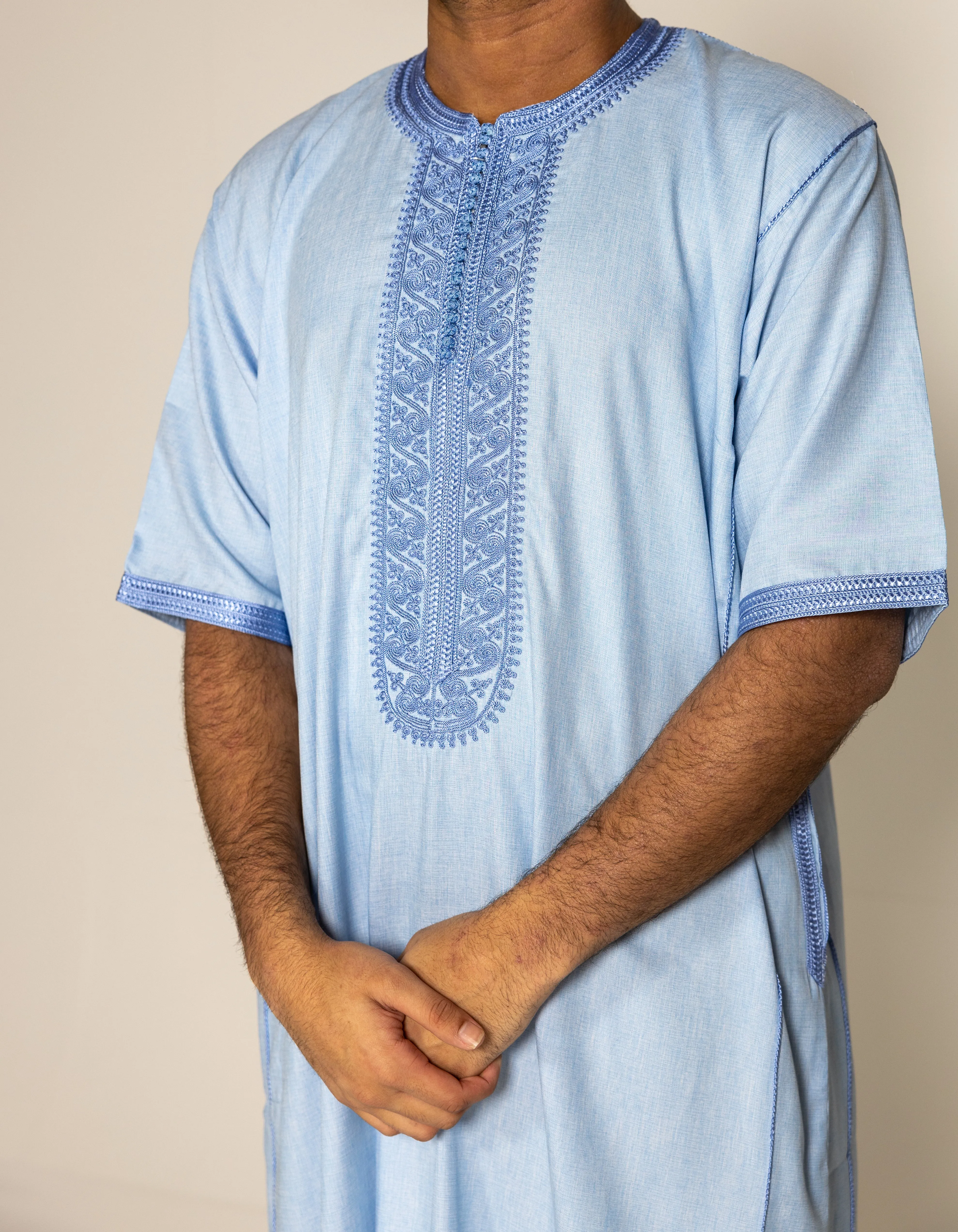 Sky Blue Premium Moroccan Half Sleeve Thobe Jubba with Neck Embroidery Size 58