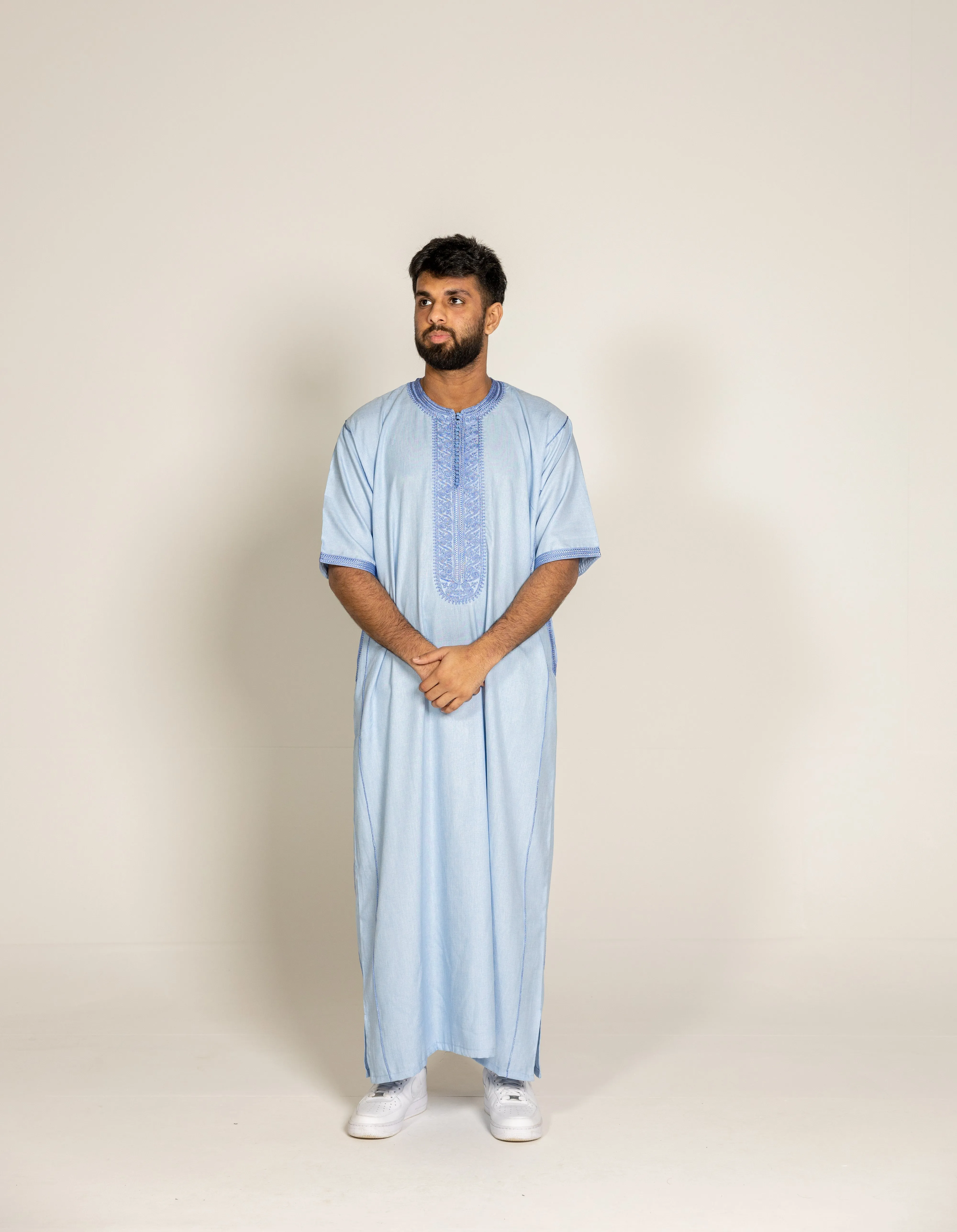 Sky Blue Premium Moroccan Half Sleeve Thobe Jubba with Neck Embroidery Size 58