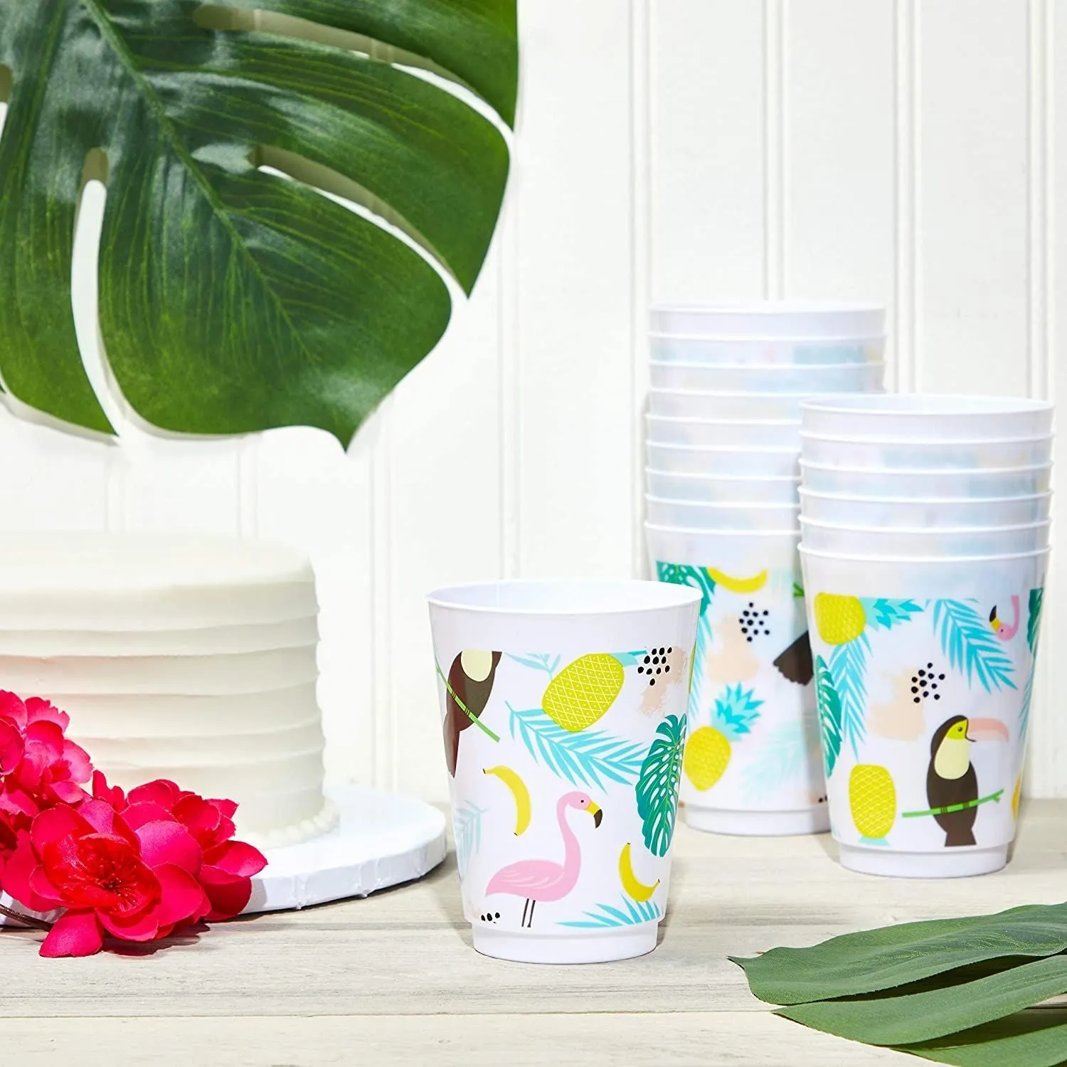 Tropical Party Supplies, Plastic Cups for Luau Birthday Decorations (16 oz, 16 Pack)