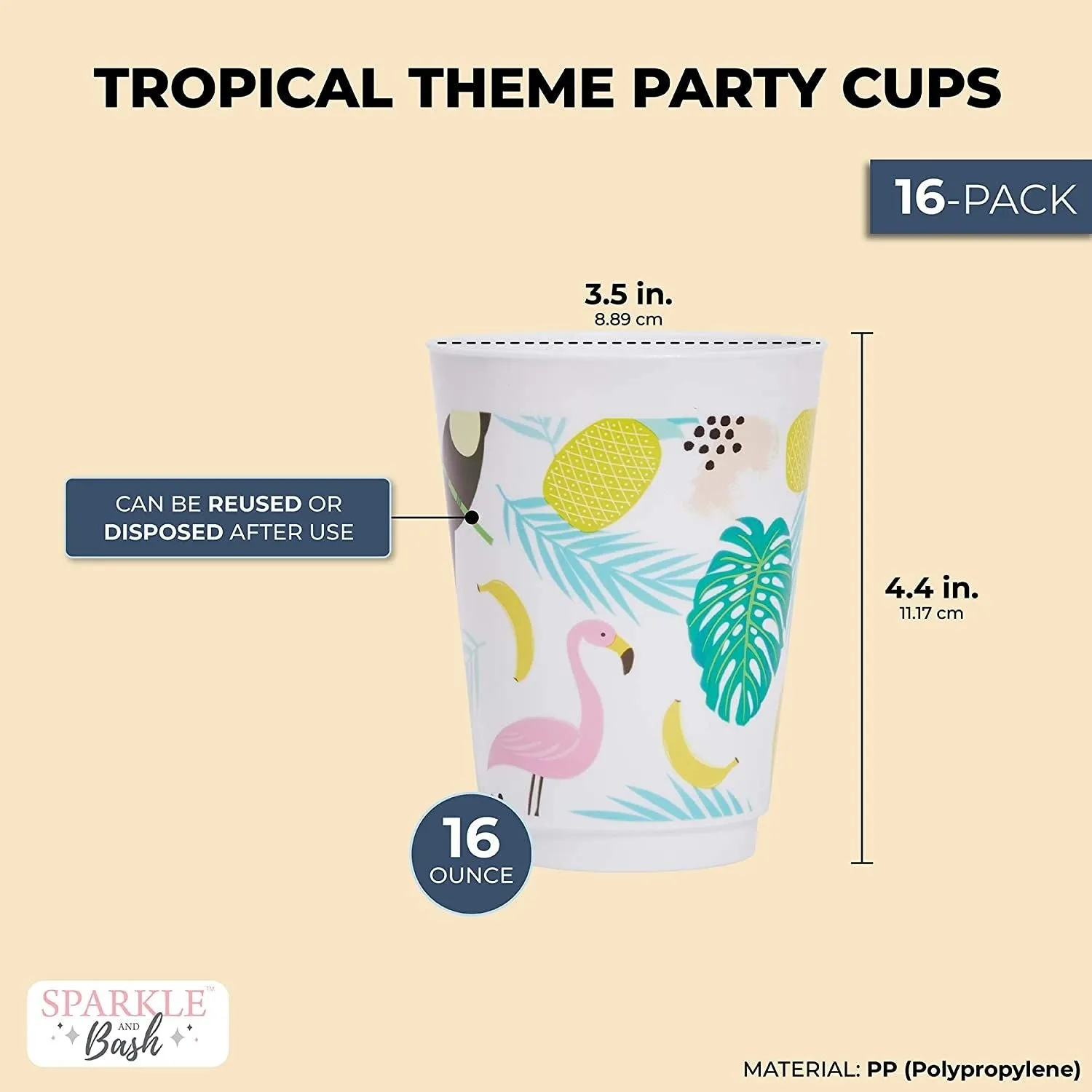 Tropical Party Supplies, Plastic Cups for Luau Birthday Decorations (16 oz, 16 Pack)