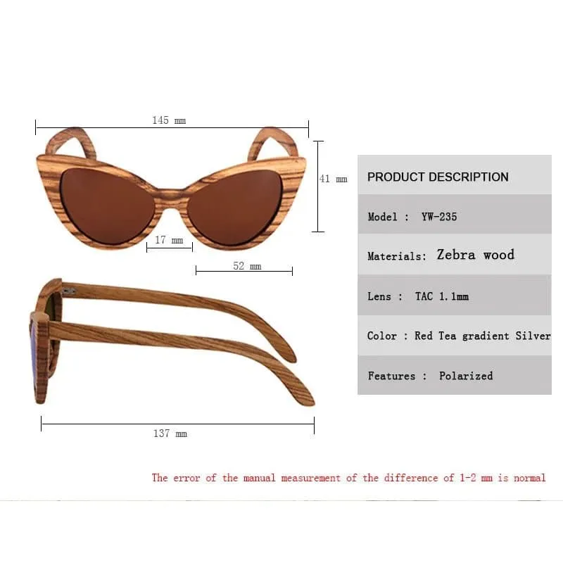 Wood Cat Eye Polarized Sunglasses with UV400 Protection, 41mm Lens Height, and 52mm Lens Width